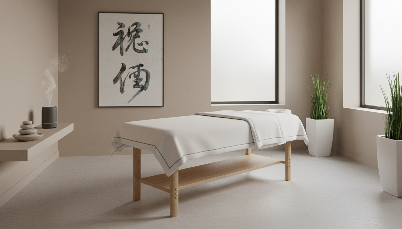 A tranquil and meticulously arranged therapy room, featuring a crisp, white linen-covered massage table with subtle gray piping and smooth, minimalist wooden legs. An elegant diffuser with a matte finish emits a delicate wisp of steam, placed atop a clean-lined light oak shelf. The room is spacious with balanced, symmetrical décor, including neatly stacked stone bowls and a neutral-toned wall featuring abstract art inspired by Chinese calligraphy. Bathed in gentle midday natural light from large frosted windows, the space feels serene, calm, and inviting. Captured from a slightly elevated angle, the composition is uncluttered, using a photographic realism style and structured layout, embodying a corporate and professional well-being environment.