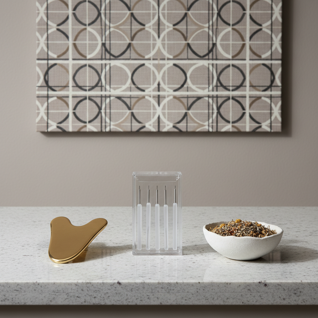 A pristine display of holistic therapy tools set atop a polished light gray stone counter, including a modern, frosted glass acupuncture set, a sleek brass gua sha board, and a small white ceramic bowl with dried herbal blends. A neutral palette canvas with subtle geometric patterns hangs on the soft taupe wall behind, maintaining a sense of harmony and order. Diffused, even studio lighting creates gentle reflections and soft shadows, enhancing textures and conveying a composed, balanced atmosphere. Presented in a centered, eye-level composition with clean lines, the image has a corporate, professional feel with an emphasis on structured, photographic realism suitable for a well-being therapy business.
